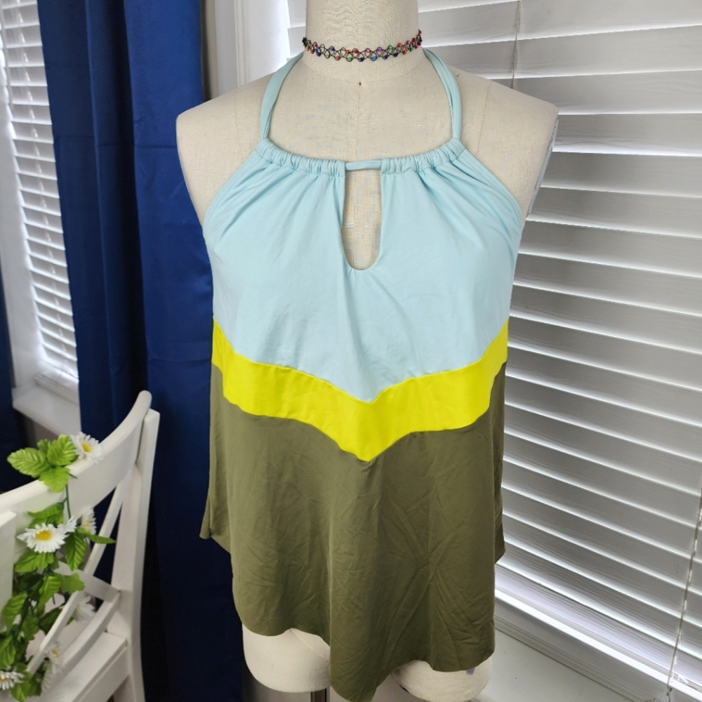 La Vie En Rose Aqua Swimsuit Halter Top Takini Green Blue Yellow Sz Large